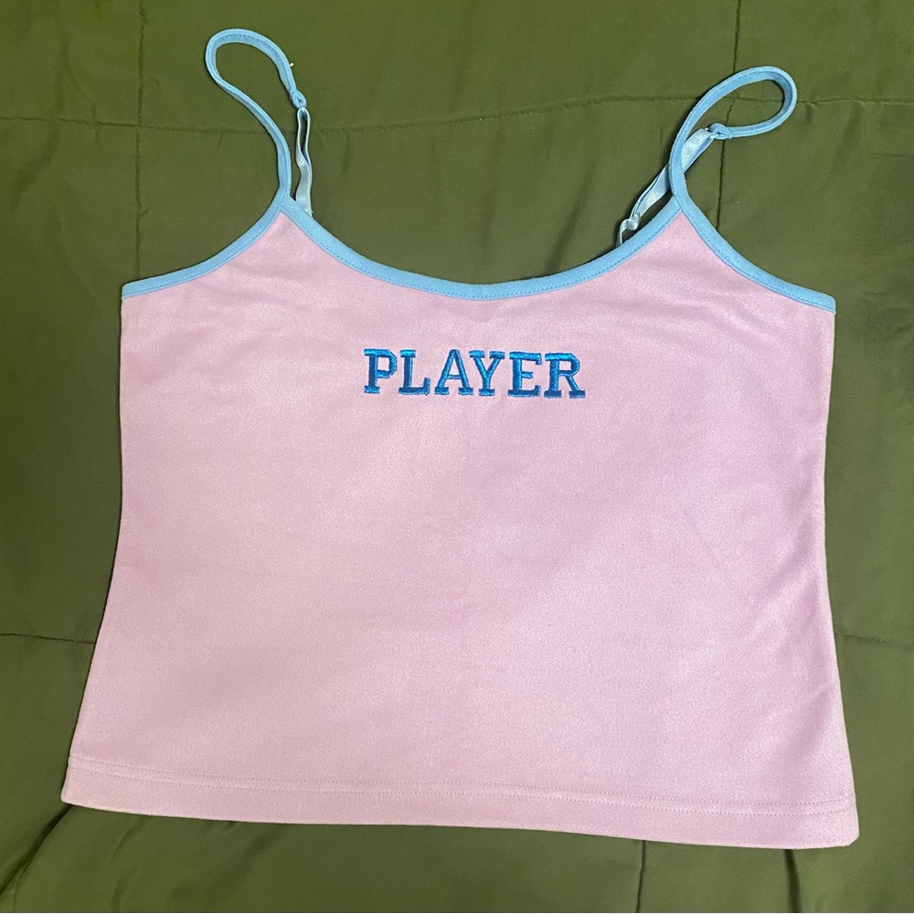 NWOT Pink Tank Top with Blue Trim and 'PLAYER' Text